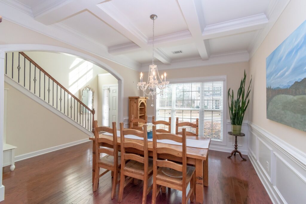 image of coffered ceiling using hardwood boards
